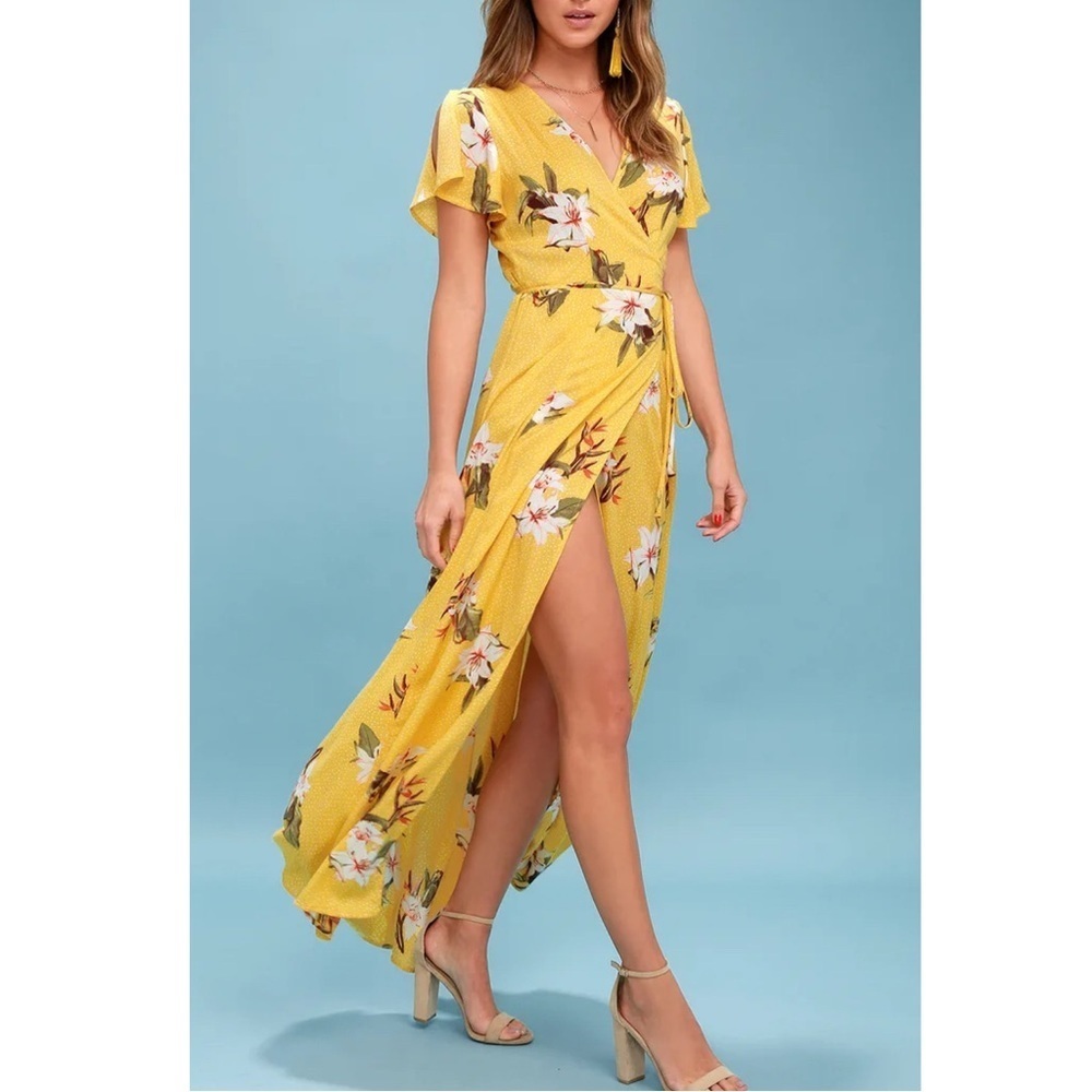 Lulu’s Heart of Marigold Tropical Print Wrap Maxi Dress Yellow